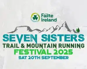 Poster for the Seven Sisters Trail & Mountain Running Festival 2025 with a mountain outline, Fáilte Ireland logo, and event date: Saturday 20th September.