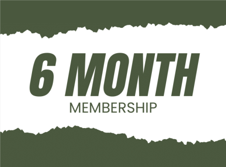 Text graphic with a torn paper effect at the top and bottom, displaying "6 MONTH MEMBERSHIP" in bold dark green letters on a white background.